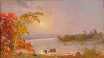 Attributed to Jasper Francis Cropsey, Miniature Sunset Scene. 